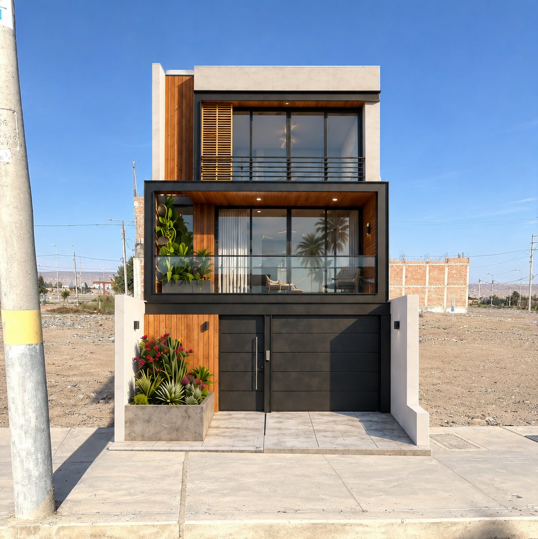 Render arquitectónico de casa moderna familiar de 3 pisos diseñada para lote de 6x16 metros